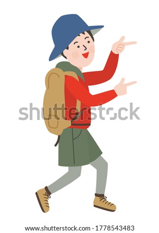 Outdoor style young man pointing at guidance with a smile.Vector illustration.
