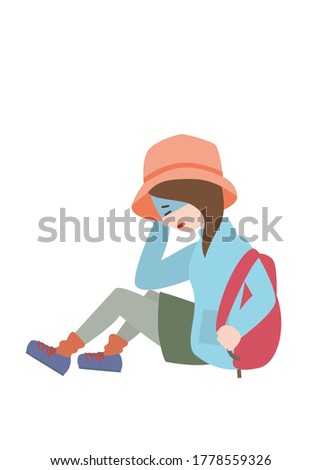 Outdoor style young woman crouching and resting.Vector illustration.