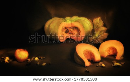 autumn pumpkin composition with apple and autumn leaves