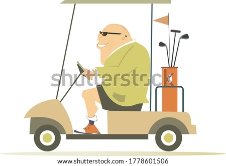 Comic golfer man in the golf cart illustration. Cartoon smiling fat bald-headed man in sunglasses is going to play golf in the golf cart isolated on white
