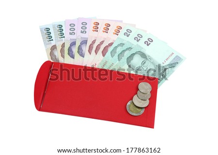 Money and Red Envelope isolated on white background 
