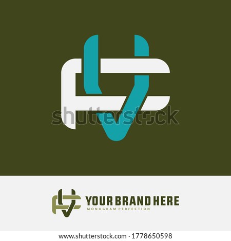 Initial letter F, V, FV or VF overlapping, interlock, monogram logo, white and blue tosca color on green background