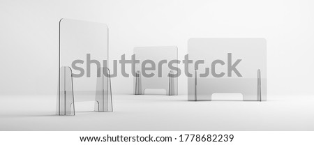 Sneeze guards, social distancing barriers and shields. Help maintain social distance and physical separation while protecting from splashes and sprays with clear plastic barriers. Plexiglass sneeze gu Royalty-Free Stock Photo #1778682239