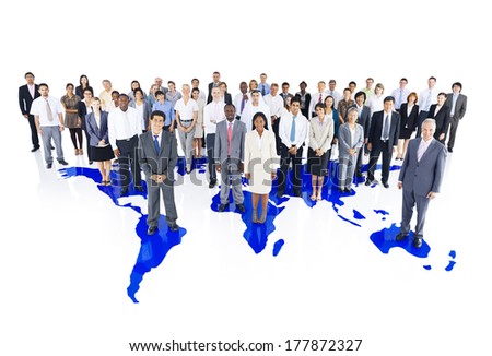 Group of Multi-Ethnic Business Colleagues Standing on a World Map Background