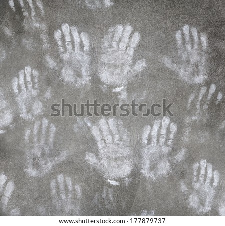 Human handprint grungy background, abstract people arms imprint backdrop, charity and help for homeless and poor persons, scary and creepy life concept