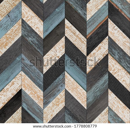Grunge parquet floor with chevron pattern. Weathered wood texture background. Seamless vintage wooden wall. Old rough wooden surface. 