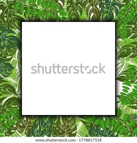 Trendy tropical leaves nature vector poster in a green dark colors on the sides and white square poster with a shadow in the middle.