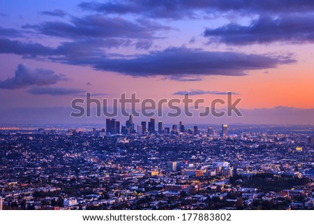 Scenic Los Angeles city cityscape at sunset