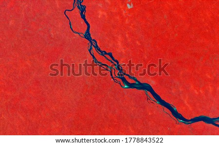 Composition in false color of a satellite image that represents the tropical forest in red tones and the river in blue. Images generated and modified from the sentinel sensor.
