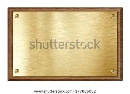 golden plate or  nameboard in wooden frame isolated on white Royalty-Free Stock Photo #177885032