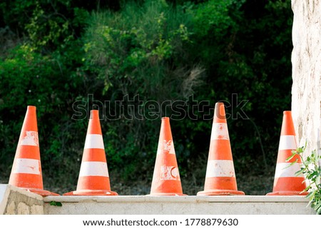Orange traffic cones stand on the asphalt in a line, close-up.
