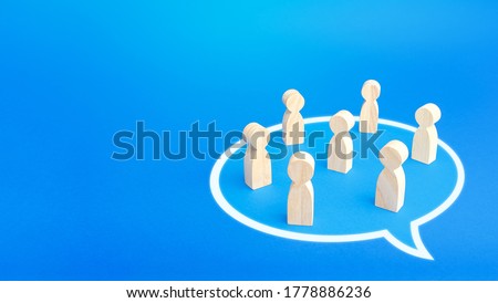 People stand in a conversation cloud bubble shape. Active discussion. Taking part in the discussion dialogue. Cooperation and collaboration, development of joint solution, consensus. Initiative group Royalty-Free Stock Photo #1778886236