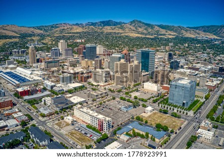 Aerial View of the Downtown Skyline of Salt Lake City, Capitol of Utah and the Mormon Religion