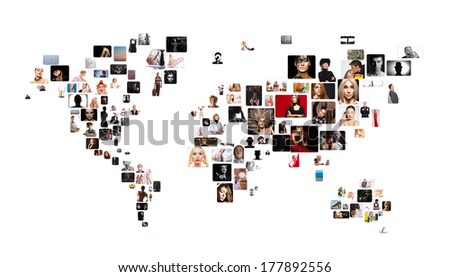 Collage of different people in position of world map 
