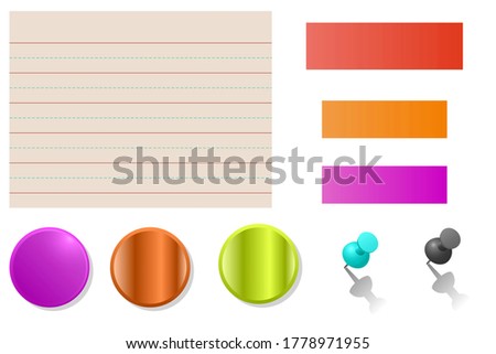 Set of colorful sticky notes, push pins and notes on the white background