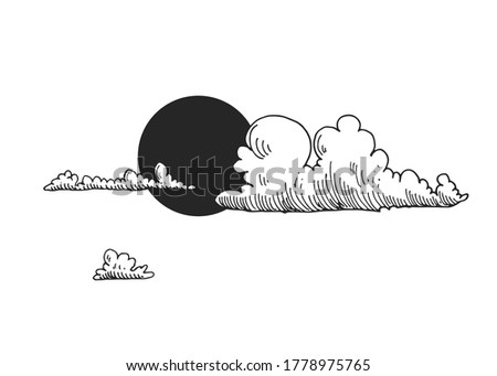 Detailed hand drawn black and white illustration set of clouds, sun, moon. sketch. Vector. Elements in graphic style label, card, sticker, menu, package.