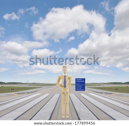 Sad Priority Traveler standing next to check-in checking bags, ticket sales, ticket changes, seat upgrade form line here sign on airport runway