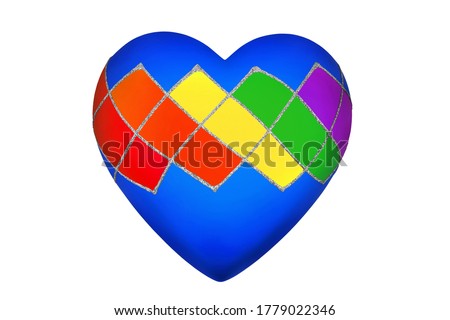 One blue heart with LGBT community rainbow flag color pattern on white background isolated close up, LGBTQ pride symbol, lesbian, gay etc love sign, logo concept, people diversity icon, design element