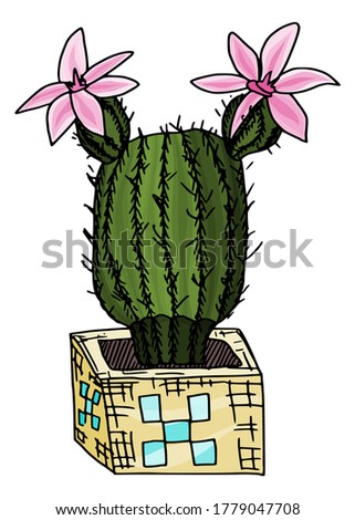 funny cactus in a square pot. doodle sketch drawing vector