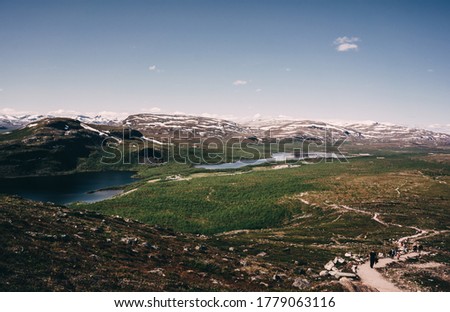 Mountain landscape with green grass, snowy mountains and light blue lake in summer. Lapland, Finland 