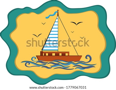 
Ship with sail on waves flying around seagulls paper cut postcard vector illustration