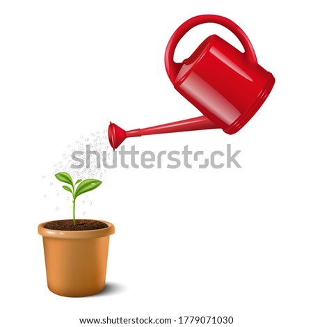3d realistic vector icon illustration of red water can watering small green plant in a clay brown pot. Isolated on white background.