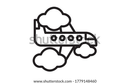 Flat icon of flying airplane with clouds on white background