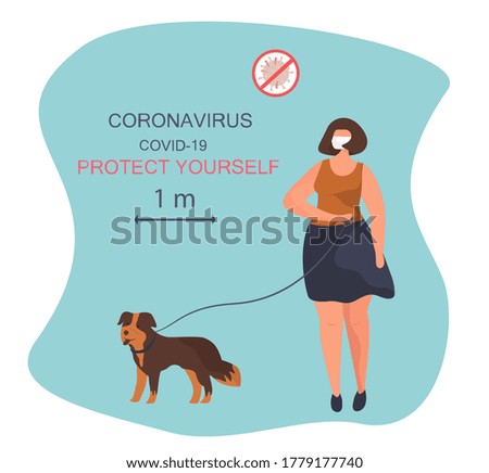 Young Woman Walking with Dog in Park during Quarantine in Medical Mask. Social Distance.
Dog Walking Rules during Covid 19.
Playing with Pet Outdoors.
Quarantine Activity. Flat Vector Illustration
