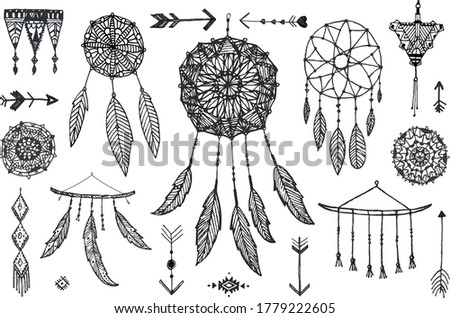 Vector boho decor set, collection of hand drawn doodle borders, dream catchers, dividers, design elements, arrows. Isolated. May be used for wedding invitations, birthday cards, banners