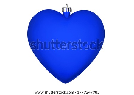 One blue heart shape glass ball on white background isolated close up, Сhristmas tree decoration, blank bauble, new year holiday decorative design element, romantic love xmas hanging toy, copy space