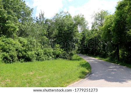 a curved grass and shadow casting tree lined dirt road path on a bright sunny day perfect for seasonal marketing as well as cards posters signs and background backdrop wallpaper Royalty-Free Stock Photo #1779251273