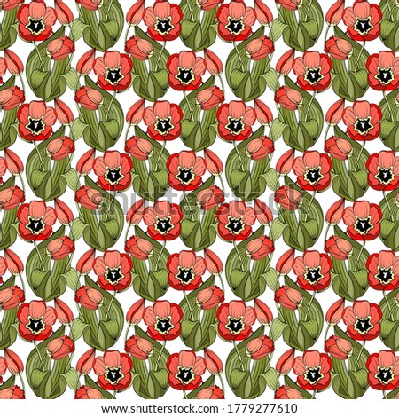Bright seamless pattern of red tulips and their buds, green leaves, white background. Great for decorating fabrics, textiles, gift wrapping design, any printed materials, advertising, or other design.