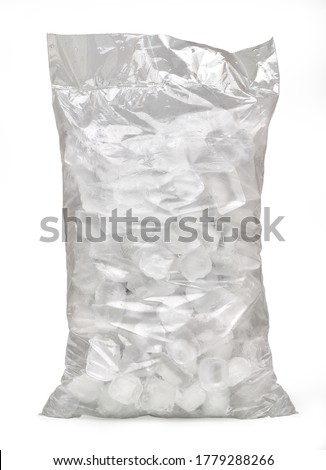 Ice cubes in plastic bag, bagged ice or packaged ice isolated on white background packaging template mockup collection with clipping path. Royalty-Free Stock Photo #1779288266