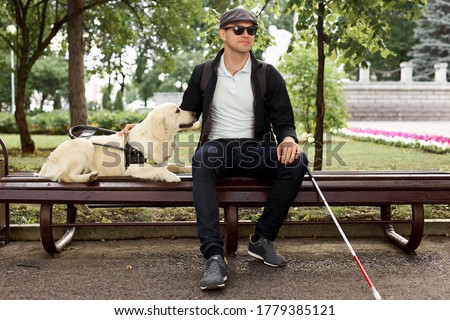 disabled person sit having rest with dog guide outdoors, blind male in safety with his best friend dog golden retriever