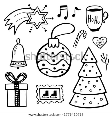 Set of simple hand drawn vector illustrations in black and white doodle style Christmas time