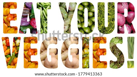 The text EAT YOUR VEGGIES! compiled from an here available alphabet of letters of cut out pictures of vegetables
