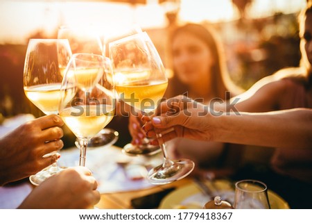 People clinking glasses with wine on the summer terrace of cafe or restaurant Royalty-Free Stock Photo #1779418367