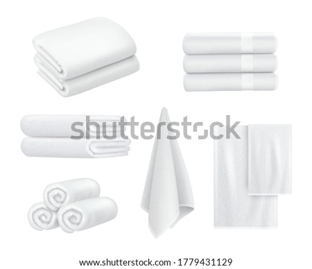 Towel stack. Luxury hotel textile items for bathroom sport or resort spa hygiene items white towels vector collection realistic Royalty-Free Stock Photo #1779431129