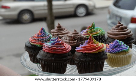 This is a picture of rainbow cupcakes. Some of them are chocolate, and some are vanilla.