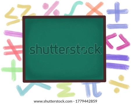 Background illustration of math symptoms. Many colors Math symptoms on white background and on background have green board. Green board can write down information.