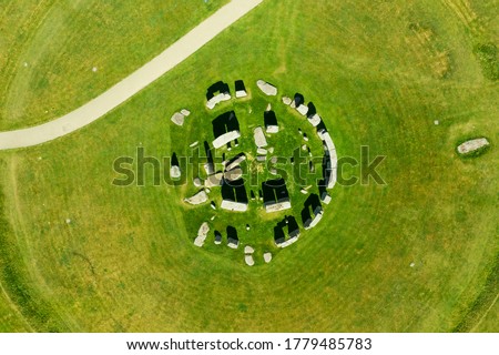 Aerial view of Stonehendge on a sunny day in summer with no people around. This is a historic site with a ring of standing stones, it was believed to be a burial site. Royalty-Free Stock Photo #1779485783
