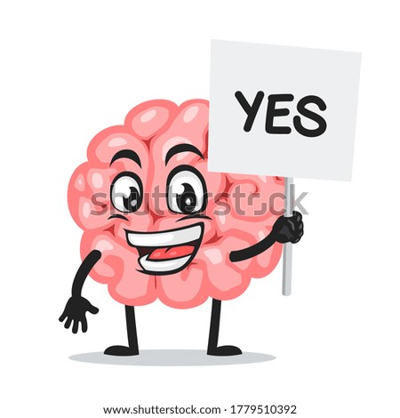 Vector illustration of brain mascot or character holding sign says yes