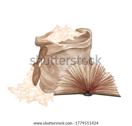 Baking watercolor illustration with kitchen utensils, open book, flour bag on white background. Hand drawn Cooking clip art.  Baking concept. 