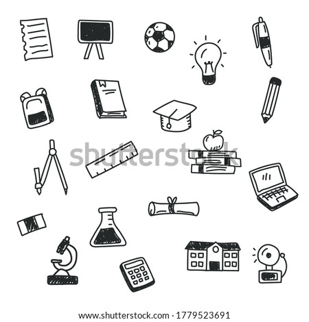 School and education related doodle 
collection with black color such as book, pen, graduation hat and more 