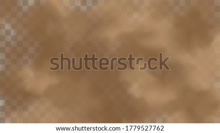 Realistic sand storm illustration. Vector brown dust cloud on transparent background. Air pollution concept