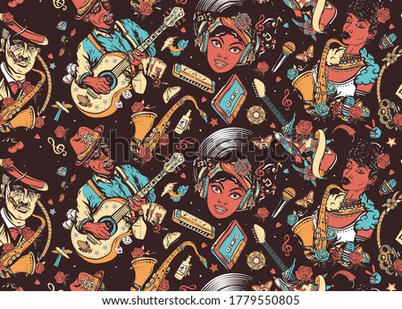 Jazz, funk, blues, soul. Musicians lifestyle. African American funky girl, bluesman, slide guitar, Beautiful black woman and saxophone. Multicultural musical seamless pattern. Music unites people 