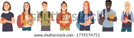 Group of students characters. Young girls and boys holding books. Happy teenager in casual clothes. Vector hand drawn flat cartoon illustation.