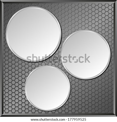textured gray panel with three round frames