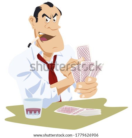 Gambling. Man with cards. Funny people. Stock illustration. 