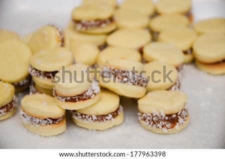 Sweet uruguayan dessert called "alfajores", a kind of pastry, made of "dulce de leche", kind of caramel jam,  and cornstarch Royalty-Free Stock Photo #177963398